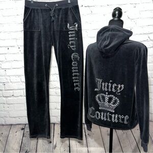 Rare Vintage Y2K Juicy Couture Black Velour Logo Bling Matching Tracksuit Set